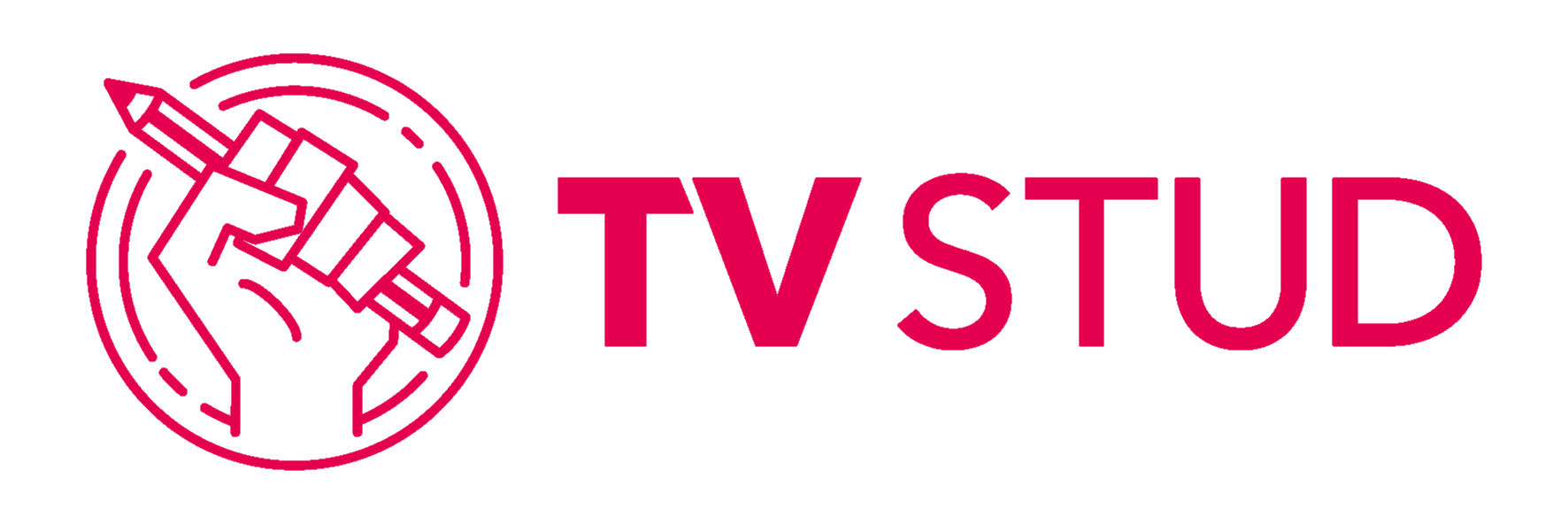 Ein rundes Logo, rot auf weißem Grund. Im Kreis eine nach oben gereckte, kämpferische Faust, die einen Bleistift hält. Rechts daneben der Schriftzug "TVStud".